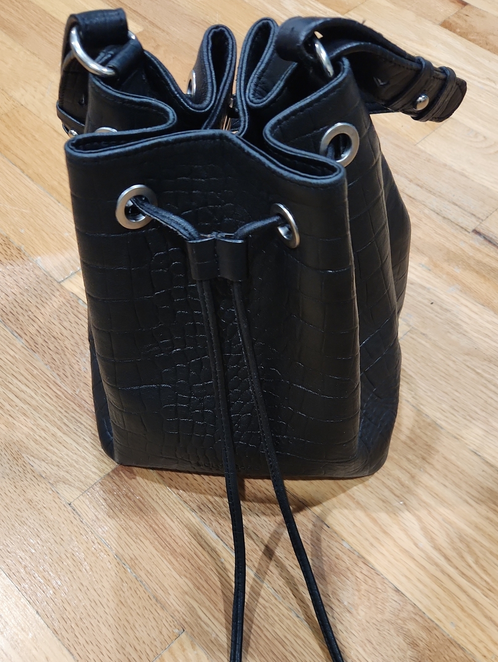 BOLONGARO Black Croc-Embossed Drawstring Bucket Bag